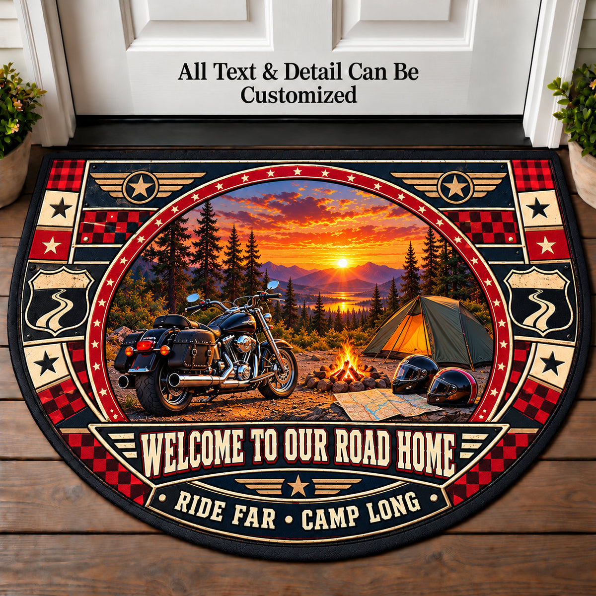 Motorcycle Campout - Two Up Adventures Personalized Half Round Mat | 5To9Vibe