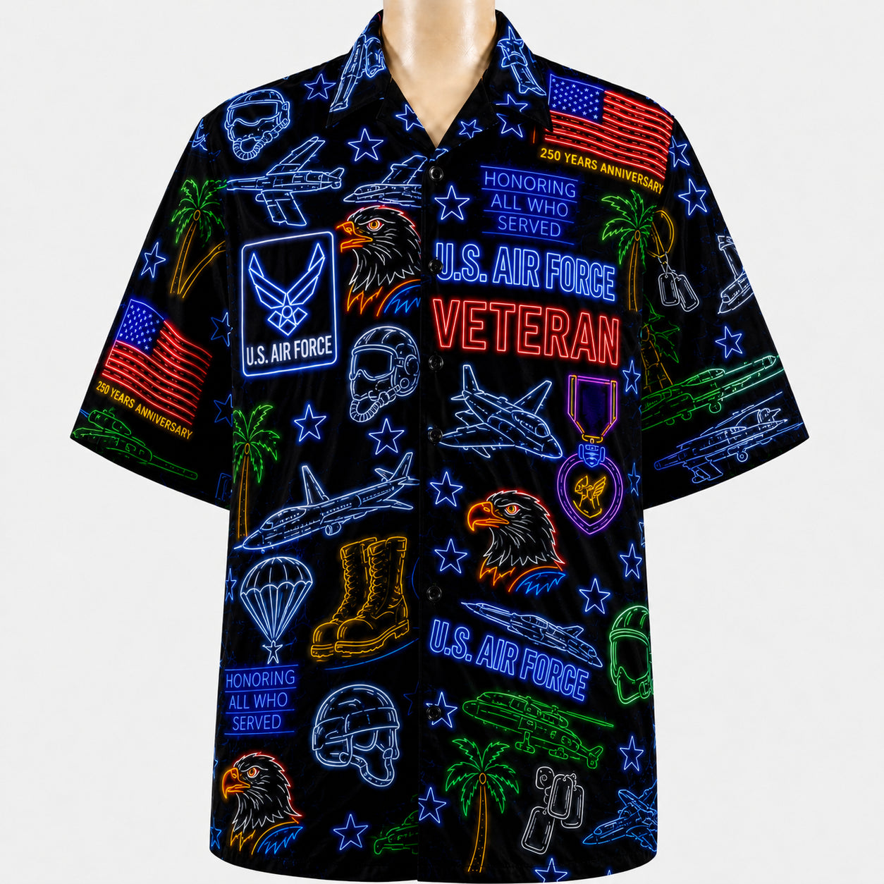 All US Army Neon Pattern 4th July 250 Years Anniversary America Veteran Premium Unisex Hawaiian Shirt For Men and Women
