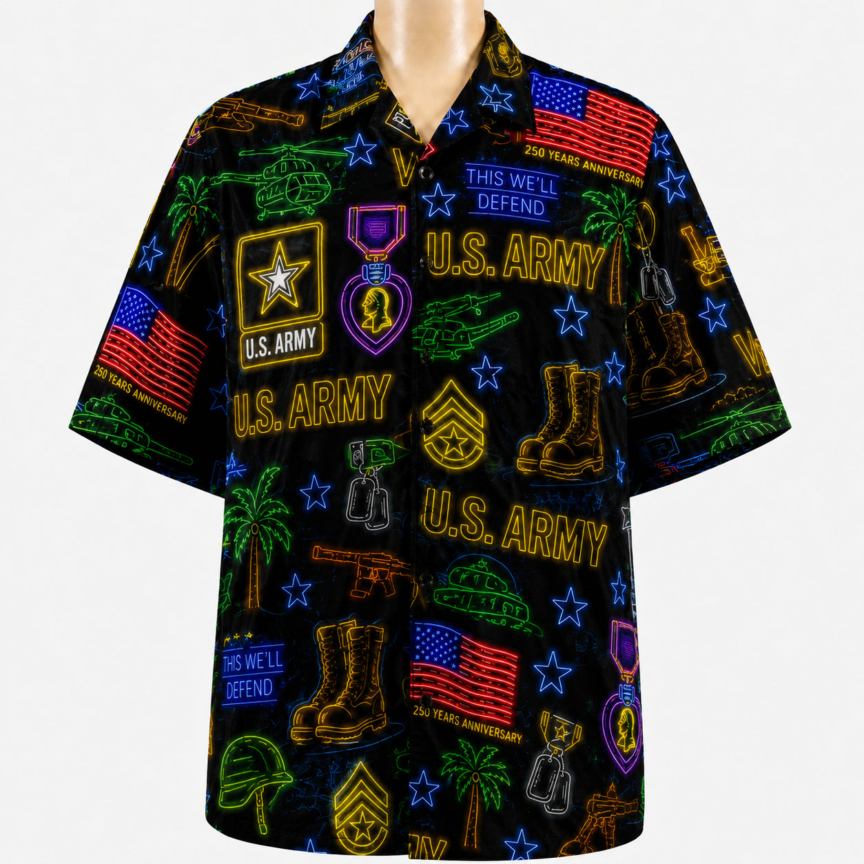 All US Army Neon Pattern 4th July 250 Years Anniversary America Veteran Premium Unisex Hawaiian Shirt For Men and Women