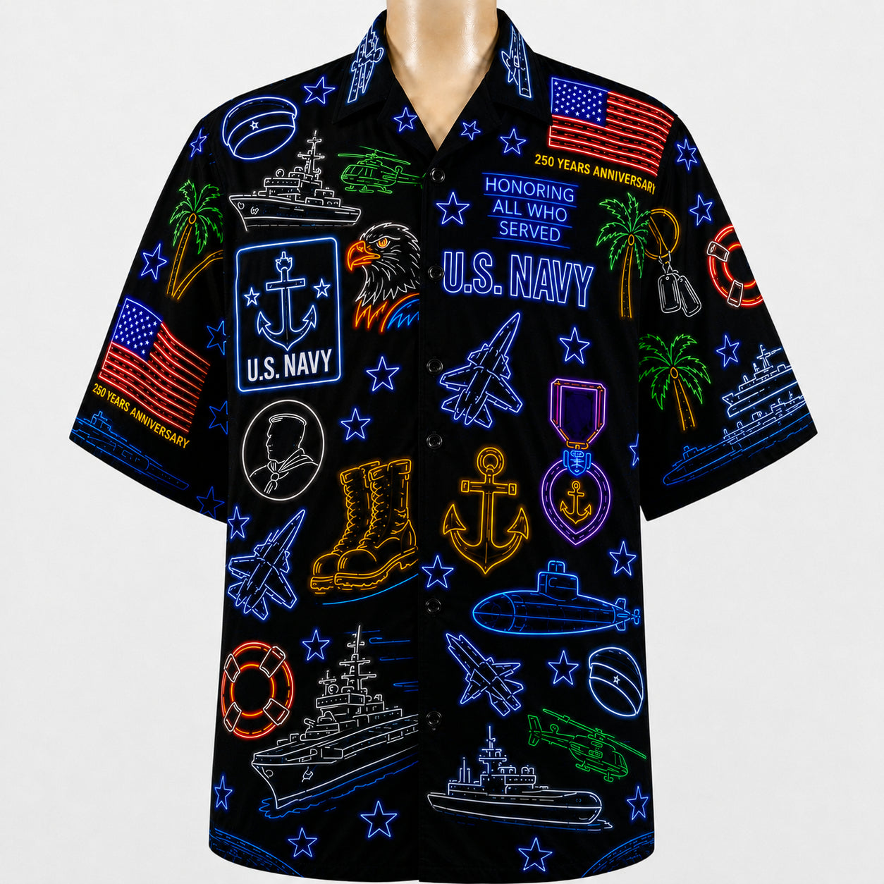 All US Army Neon Pattern 4th July 250 Years Anniversary America Veteran Premium Unisex Hawaiian Shirt For Men and Women