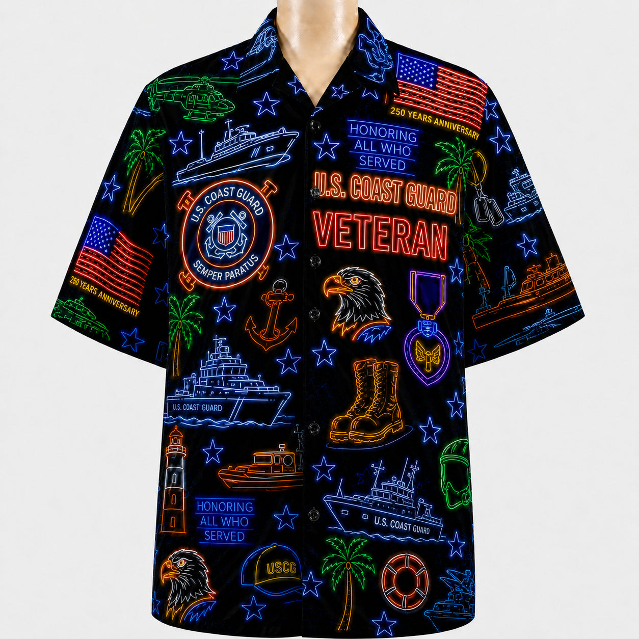 All US Army Neon Pattern 4th July 250 Years Anniversary America Veteran Premium Unisex Hawaiian Shirt For Men and Women