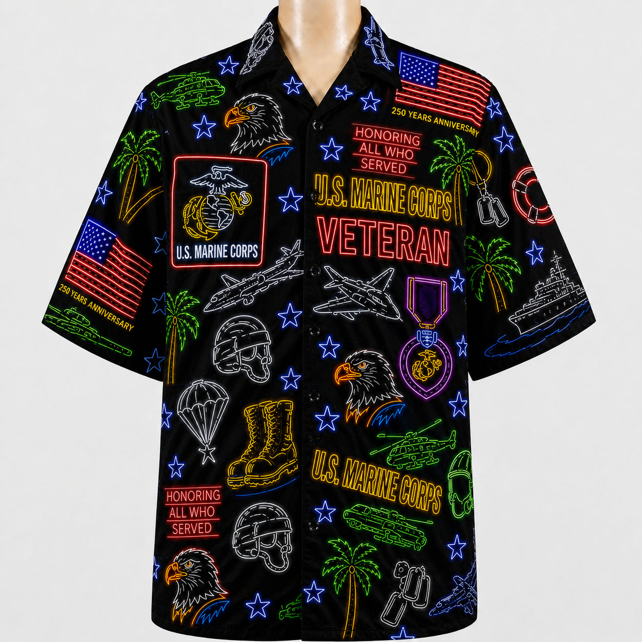 All US Army Neon Pattern 4th July 250 Years Anniversary America Veteran Premium Unisex Hawaiian Shirt For Men and Women