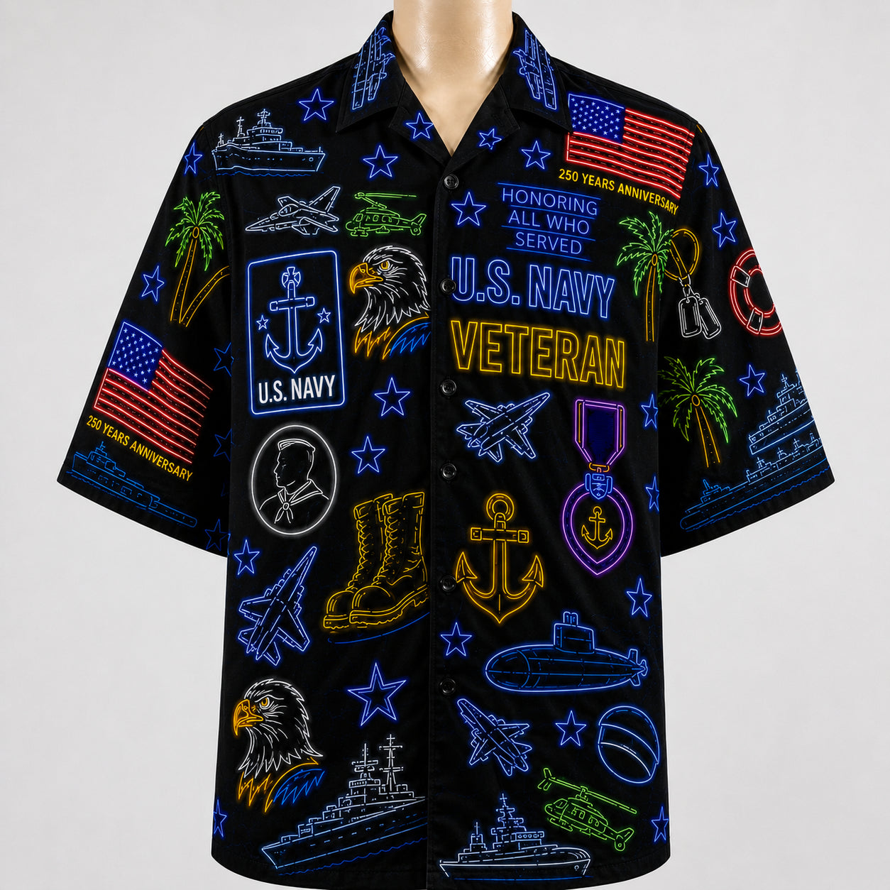 All US Army Neon Pattern 4th July 250 Years Anniversary America Veteran Premium Unisex Hawaiian Shirt For Men and Women