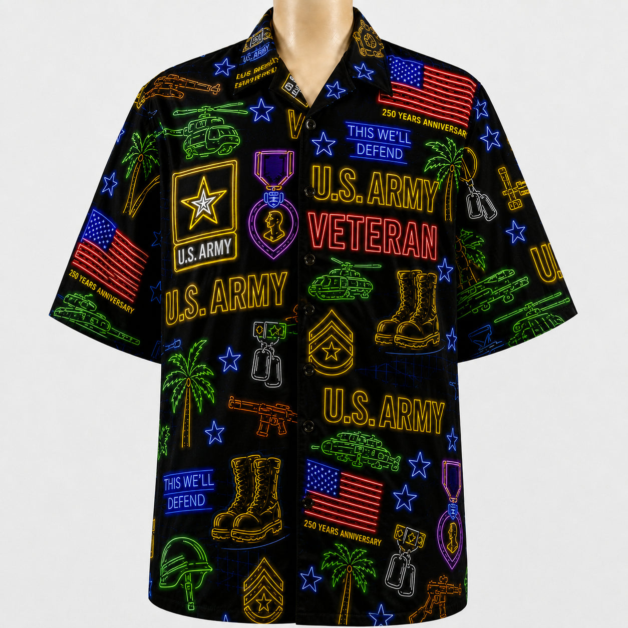 All US Army Neon Pattern 4th July 250 Years Anniversary America Veteran Premium Unisex Hawaiian Shirt For Men and Women