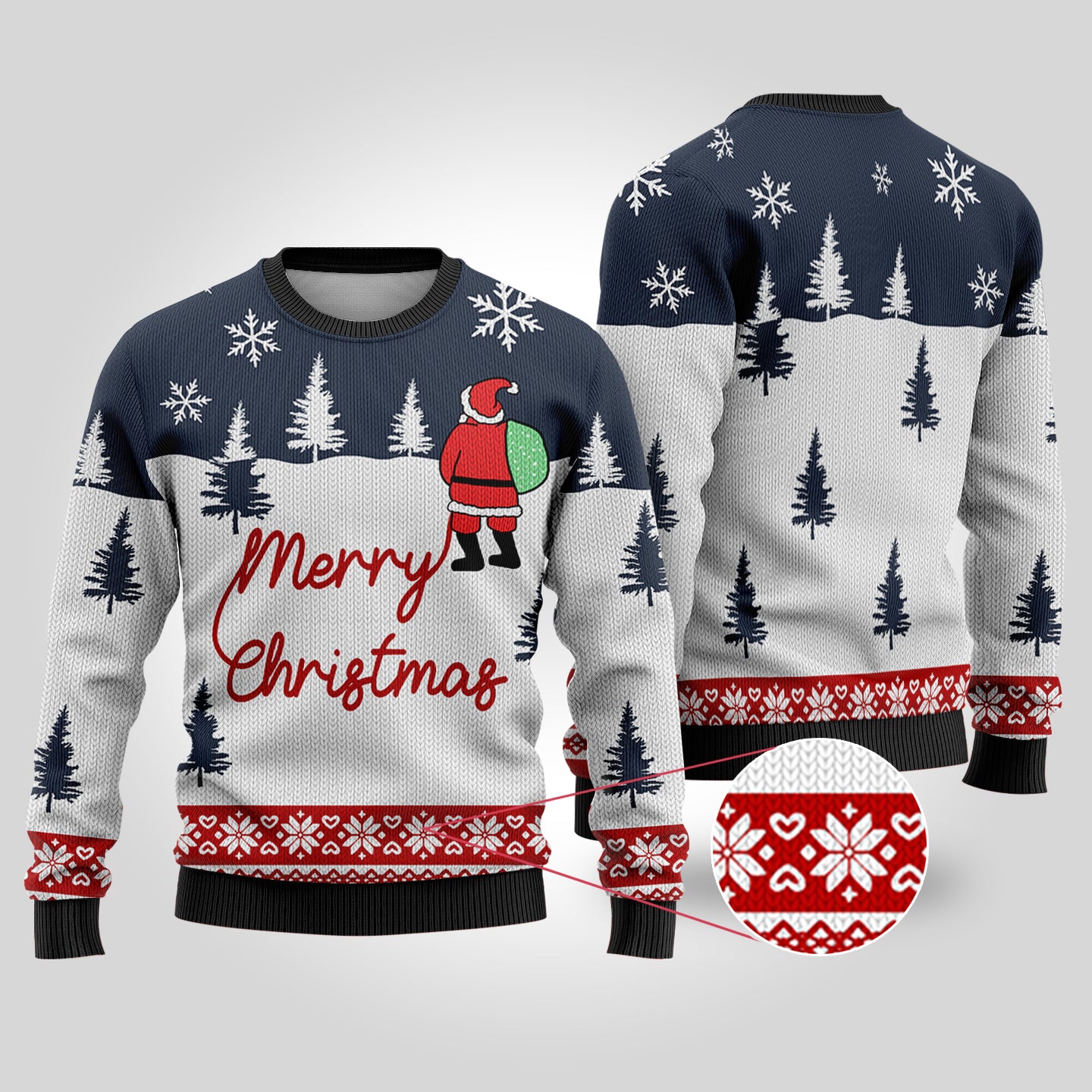 Ugly Christmas Sweater Santa At The North Pole Navy - Funny Ugly Christmas Sweater