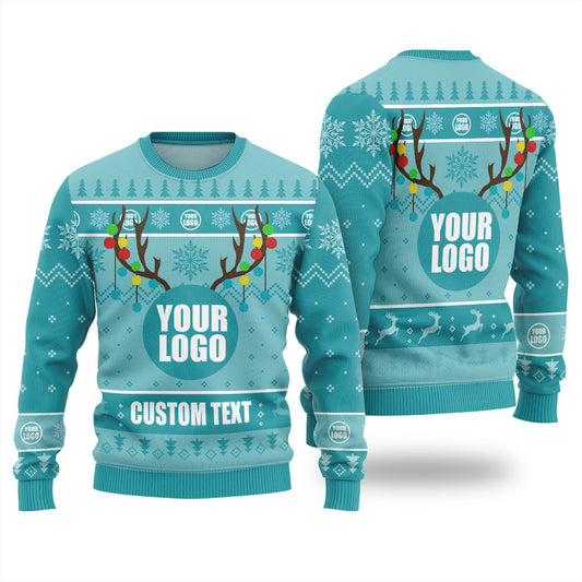 Ugly Christmas Sweater With Personalized Logo Light Blue