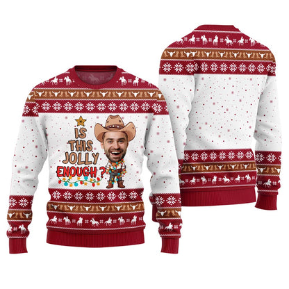 Ugly Cowboys Christmas Sweater Custom Face Is This Jolly Enough Red