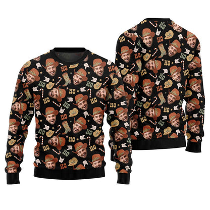 Ugly Sweater Adults Custom Face Cowboy Black