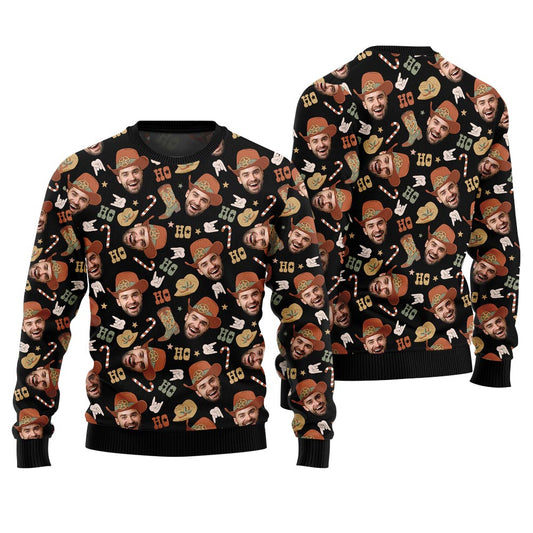 Ugly Sweater Adults Custom Face Cowboy Black