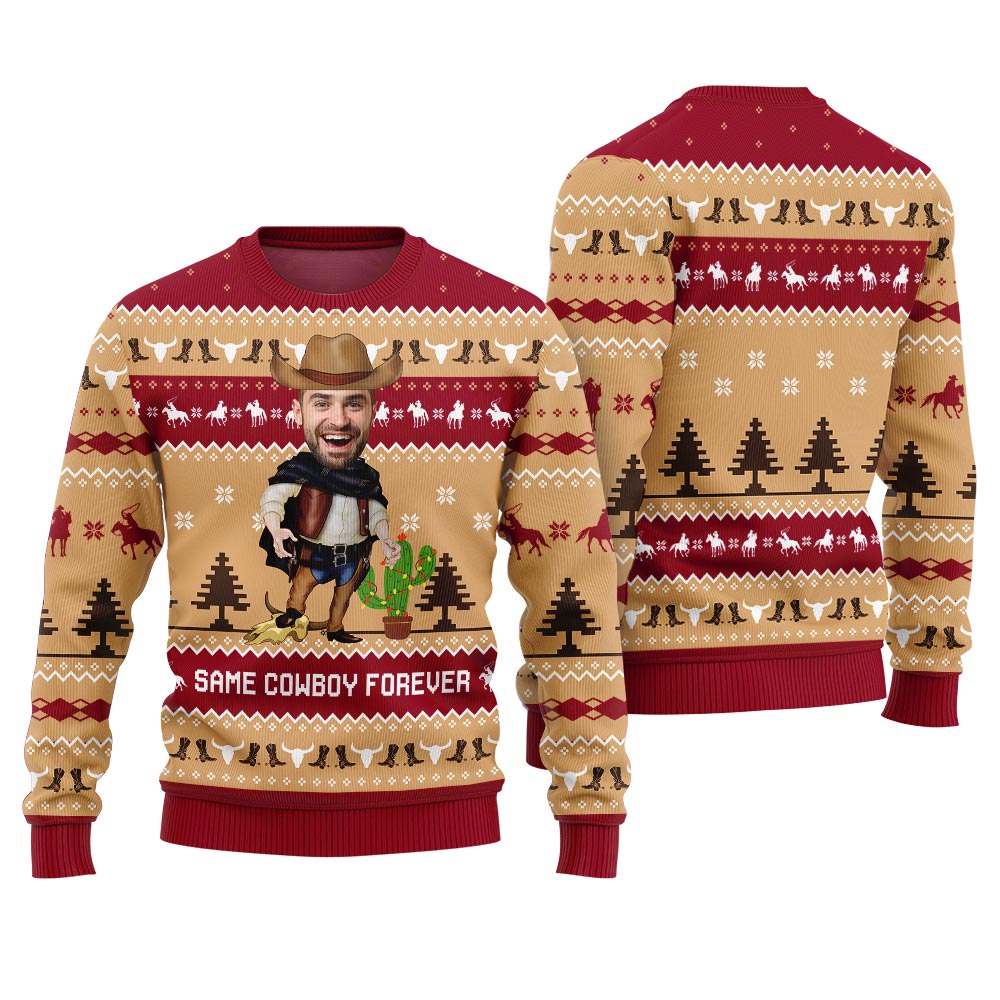 Ugly Sweater Custom Face Same Cowboy Forever Red