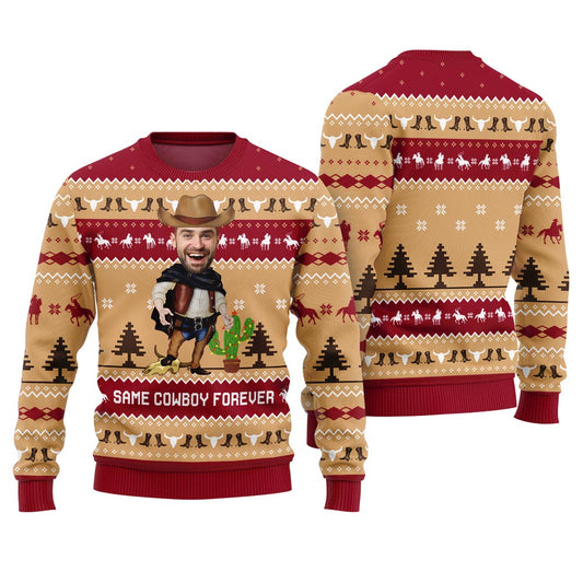 Ugly Sweater Custom Face Same Cowboy Forever Red