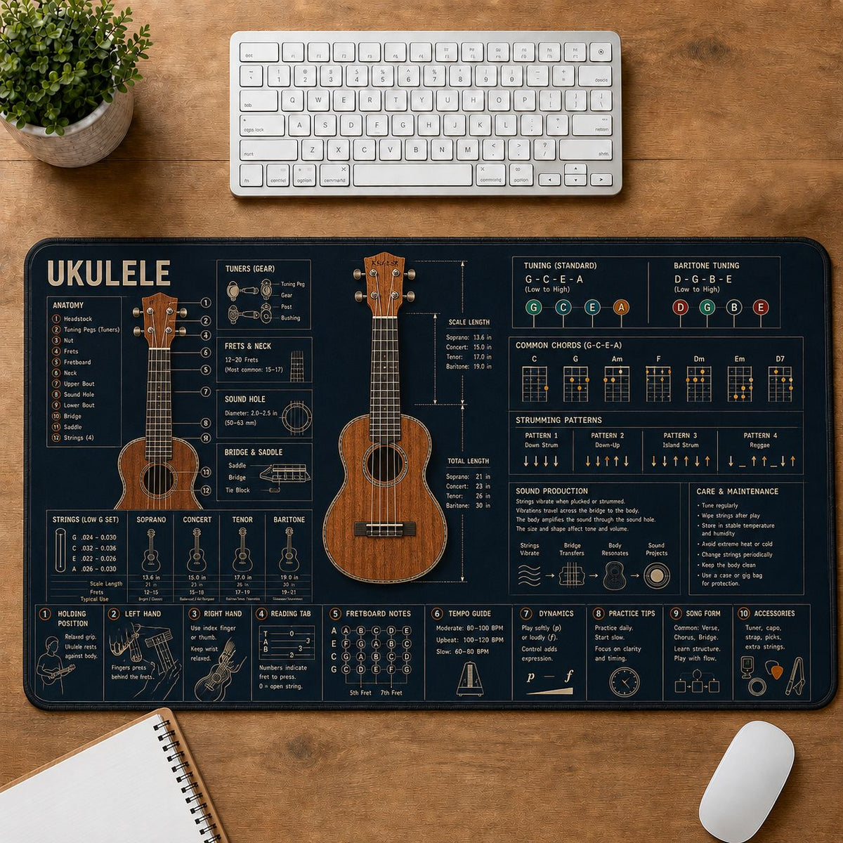 Ukulele Musical Instrument Blueprint Guide Desk Mat | 5To9Vibe