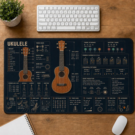 Ukulele Musical Instrument Blueprint Guide Desk Mat | 5To9Vibe