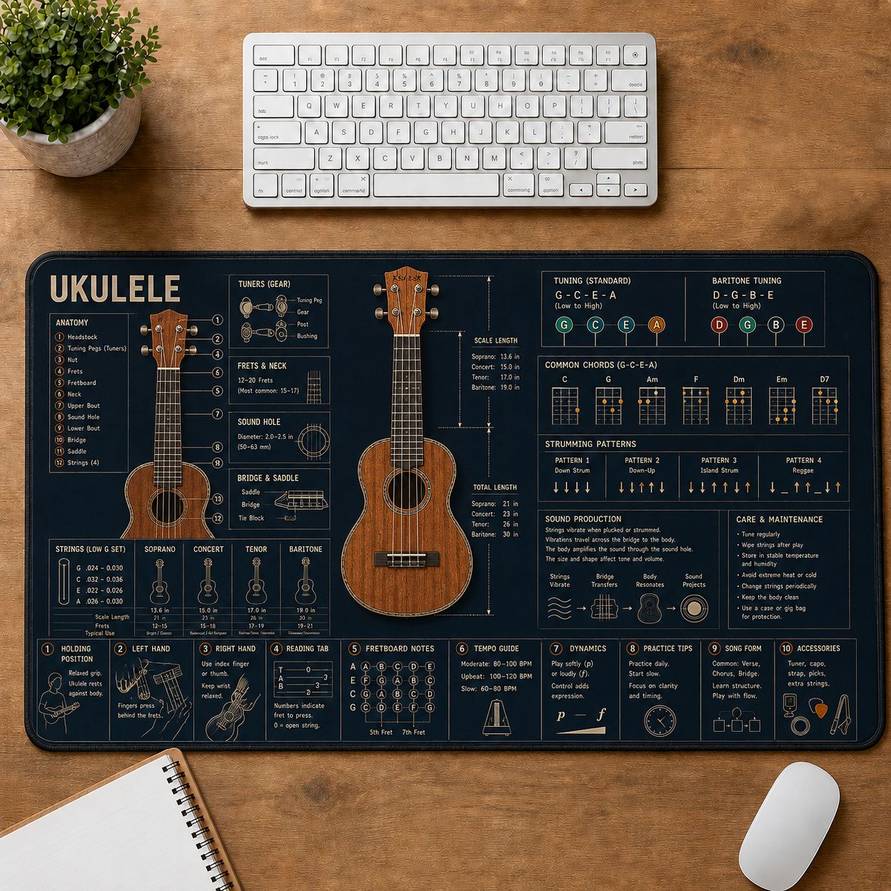 Ukulele Musical Instrument Blueprint Guide Desk Mat | 5To9Vibe