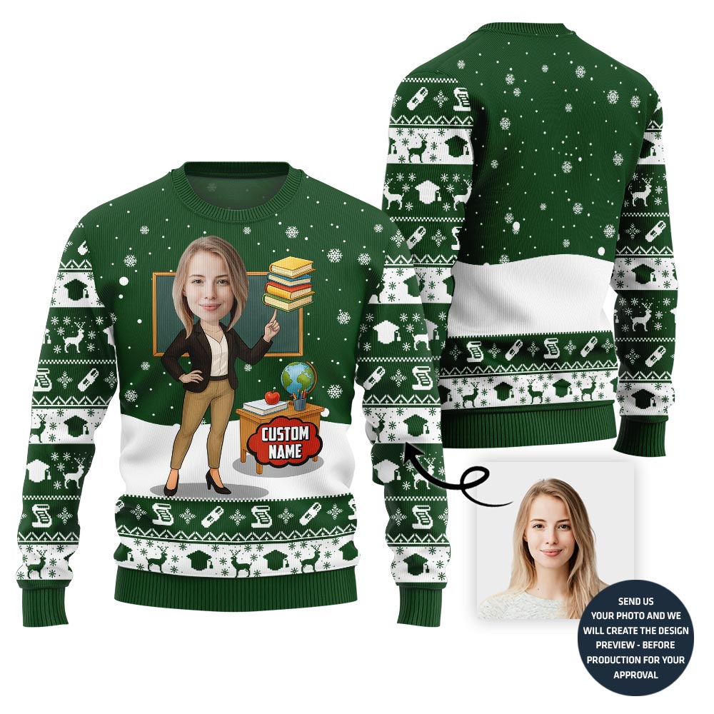 Unforgettable Custom Teacher Face And Name Ugly Christmas Sweater