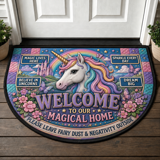 Welcome To Our Magical Home Unicorn Doormat - Rainbow & Castle Welcome Mat - 5to9vibe