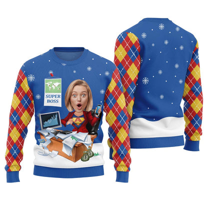 Unique Christmas Sweater Custom Face Super Mom Royal