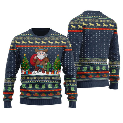 Unique Cowboy Santa Claus Ugly Christmas Sweater Navy