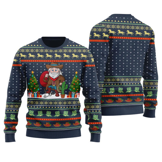 Unique Cowboy Santa Claus Ugly Christmas Sweater Navy