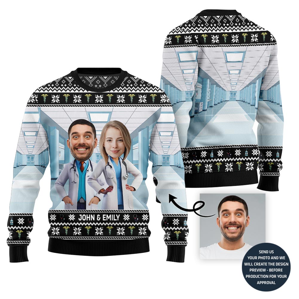 Unique Custom Doctor Couple Face and Name Ugly Christmas Sweater
