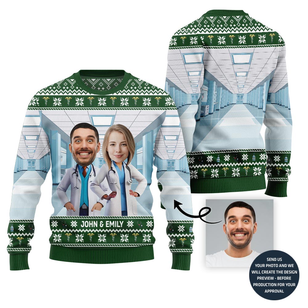 Unique Custom Doctor Couple Face and Name Ugly Christmas Sweater