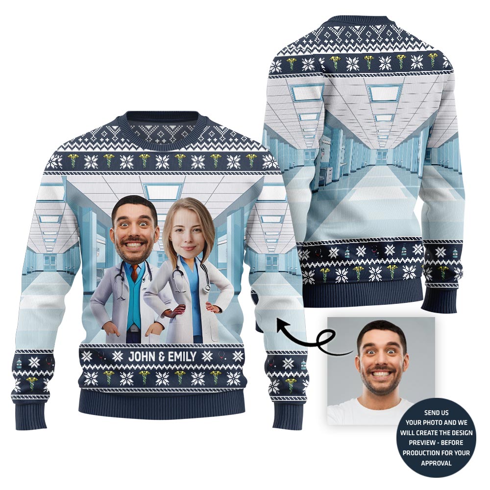 Unique Custom Doctor Couple Face and Name Ugly Christmas Sweater