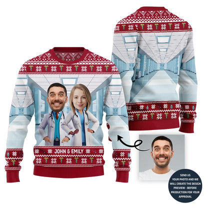 Unique Custom Doctor Couple Face and Name Ugly Christmas Sweater