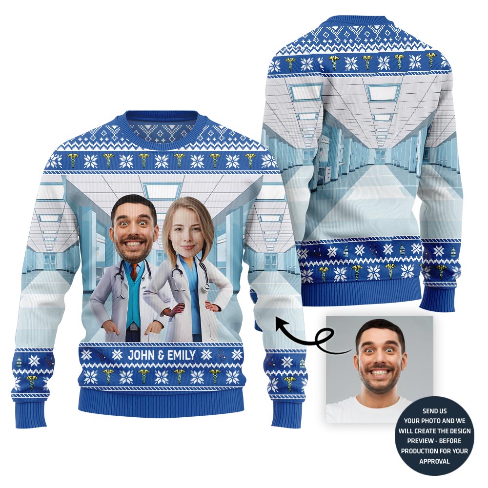 Unique Custom Doctor Couple Face and Name Ugly Christmas Sweater