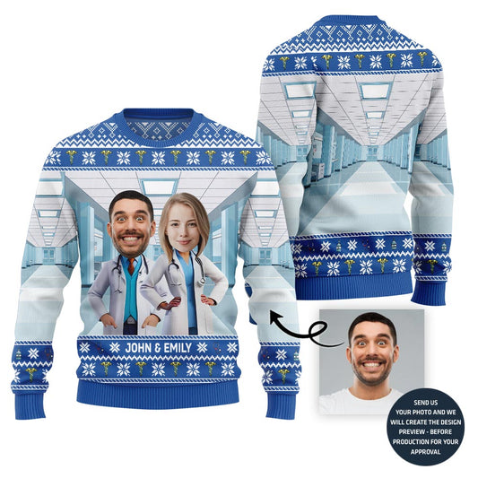 Unique Custom Doctor Couple Face and Name Ugly Christmas Sweater