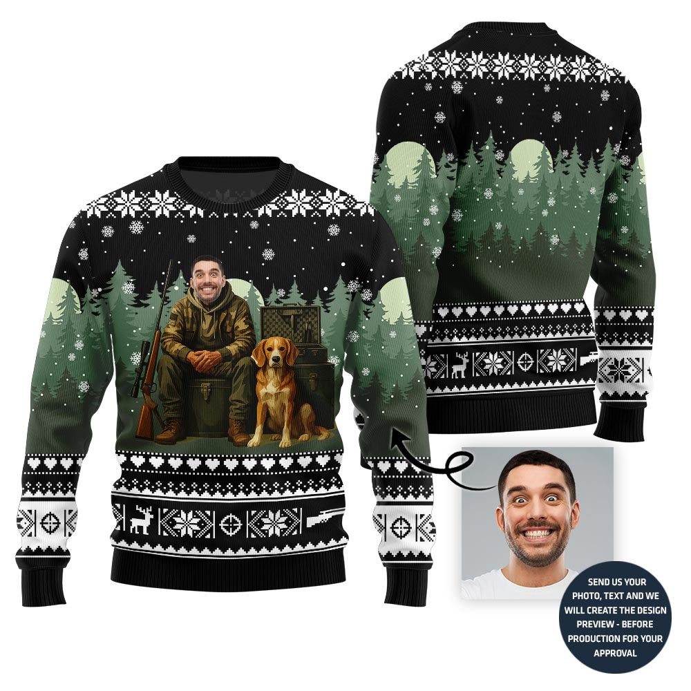 Unique Custom Face Hunter With Dog Ugly Christmas Sweater