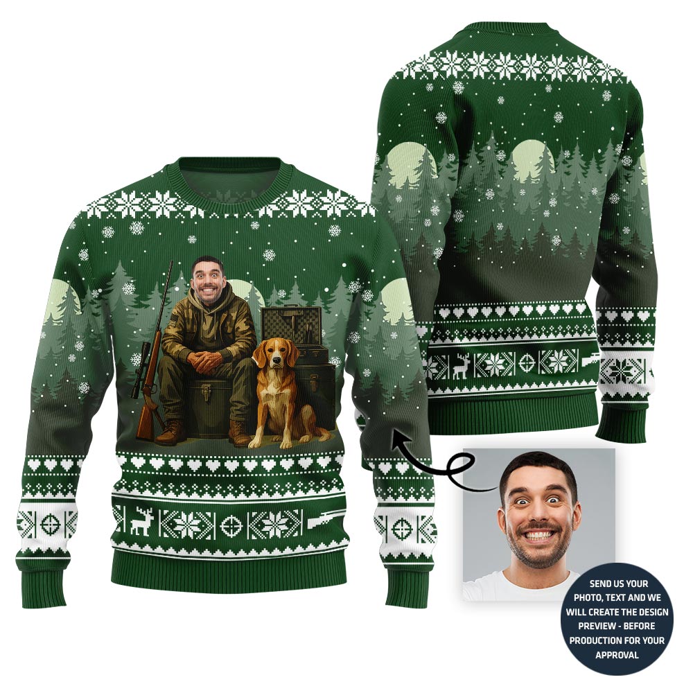 Unique Custom Face Hunter With Dog Ugly Christmas Sweater