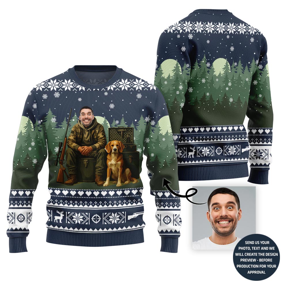 Unique Custom Face Hunter With Dog Ugly Christmas Sweater