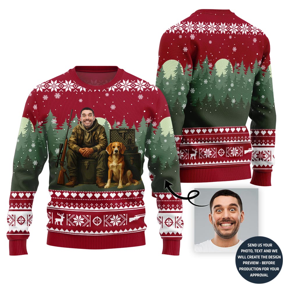 Unique Custom Face Hunter With Dog Ugly Christmas Sweater