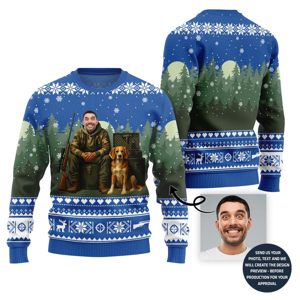 Unique Custom Face Hunter With Dog Ugly Christmas Sweater