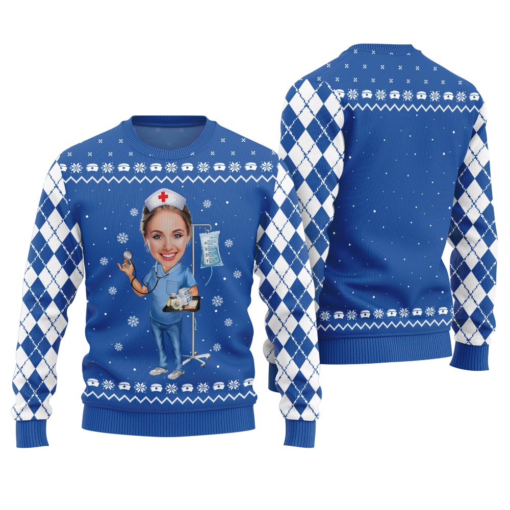 Unique Custom Face Nurse Funny Christmas Sweaters For Adults Royal