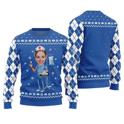 Unique Custom Face Nurse Funny Christmas Sweaters For Adults Royal