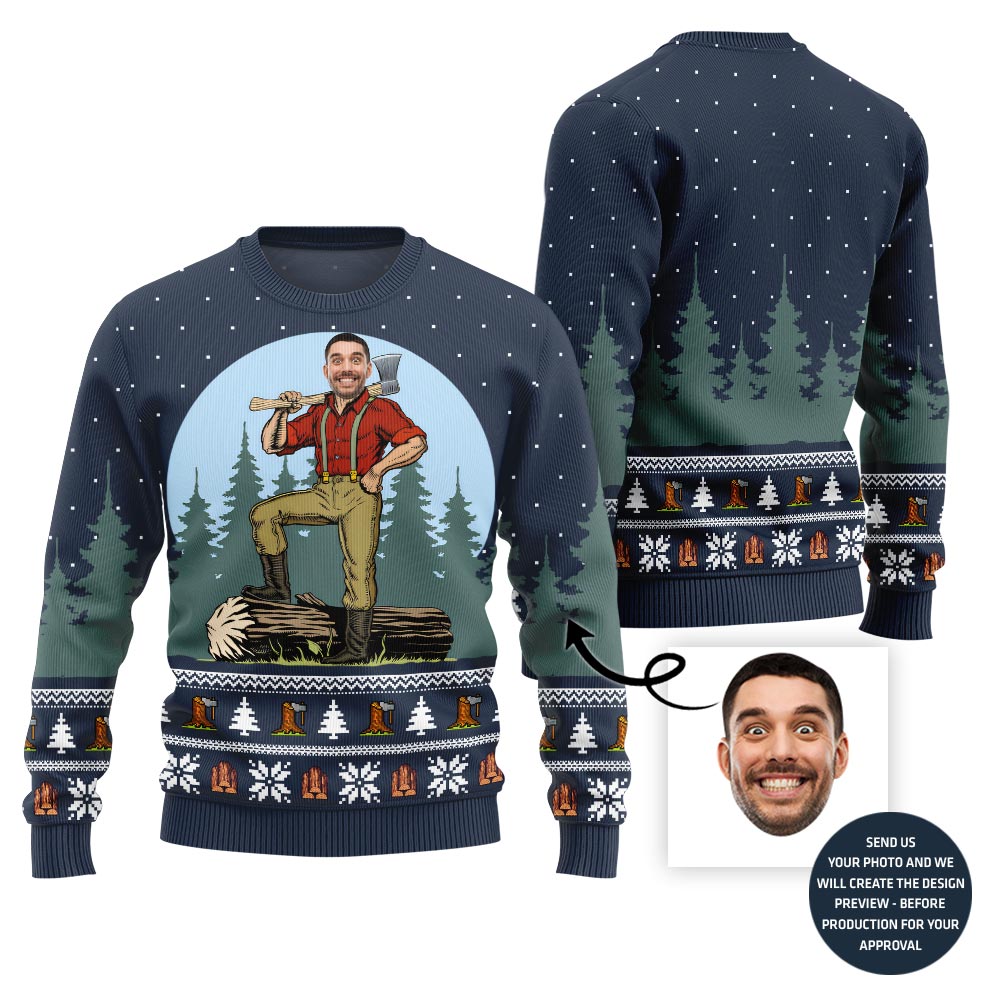 Unique Custom Face Woodcutter Holiday Xmas Sweater