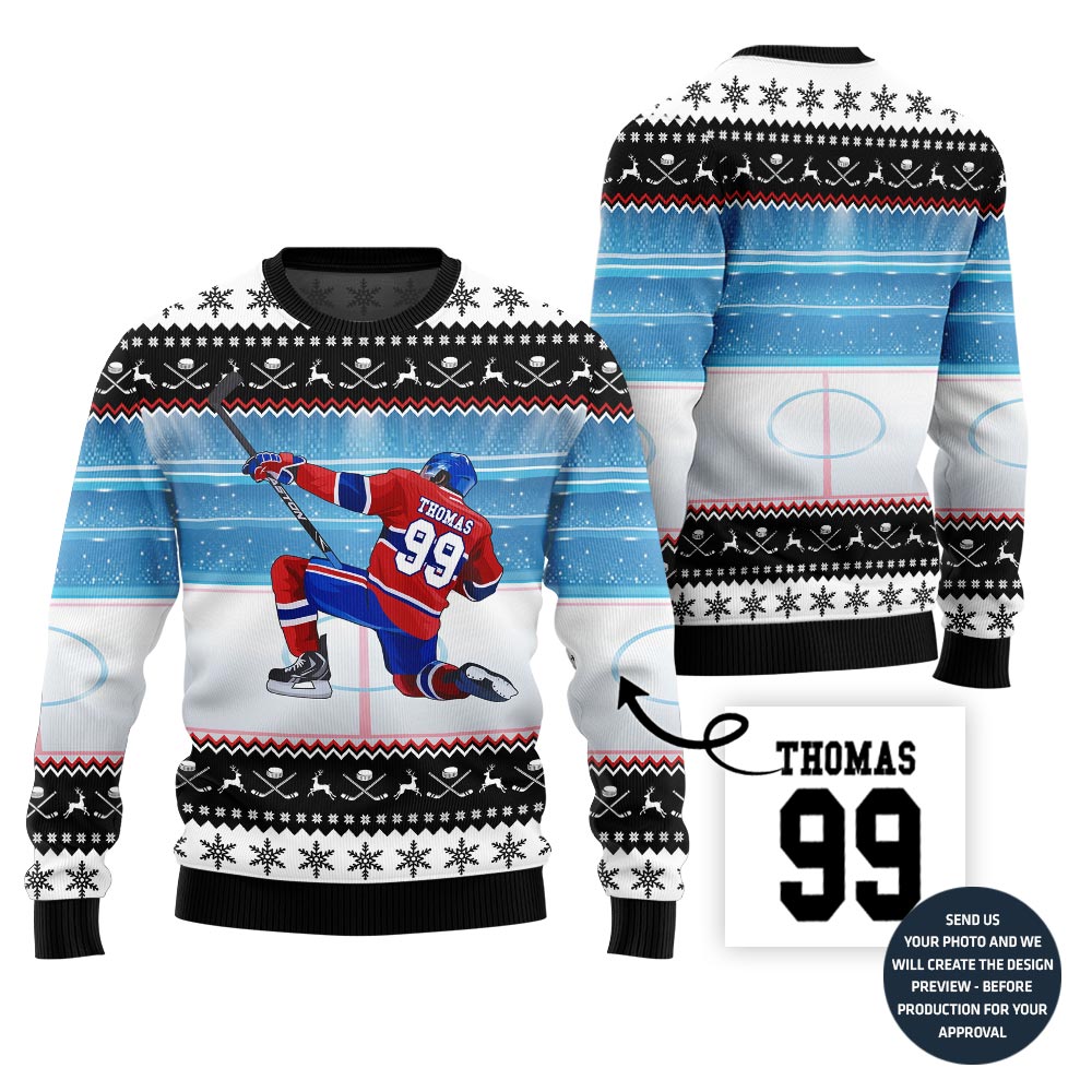 Unique Custom Ugly Christmas Sweater For Hockey Player