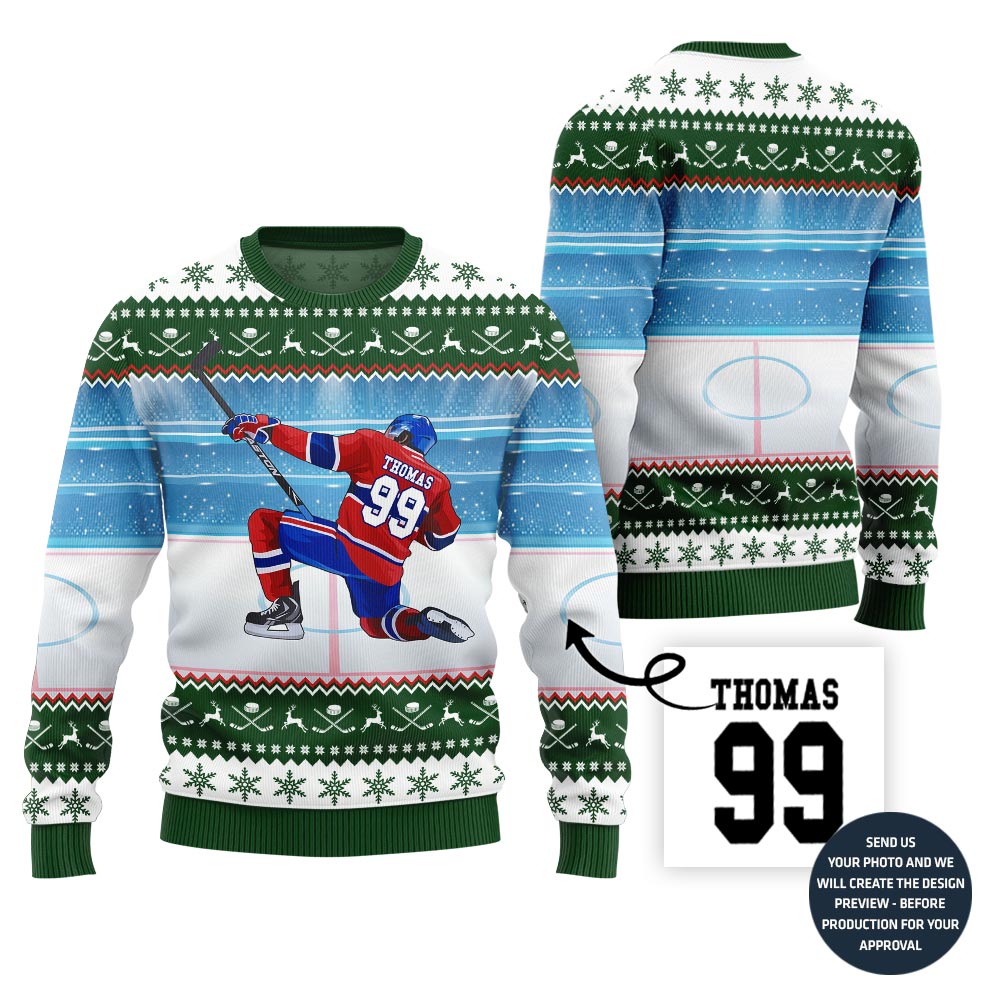 Unique Custom Ugly Christmas Sweater For Hockey Player