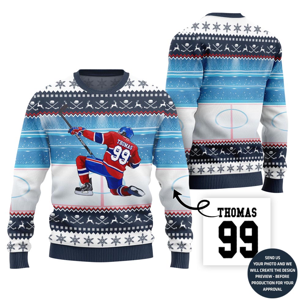Unique Custom Ugly Christmas Sweater For Hockey Player