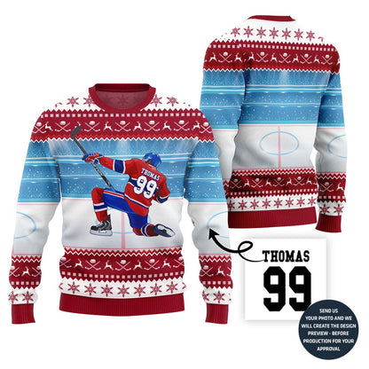 Unique Custom Ugly Christmas Sweater For Hockey Player