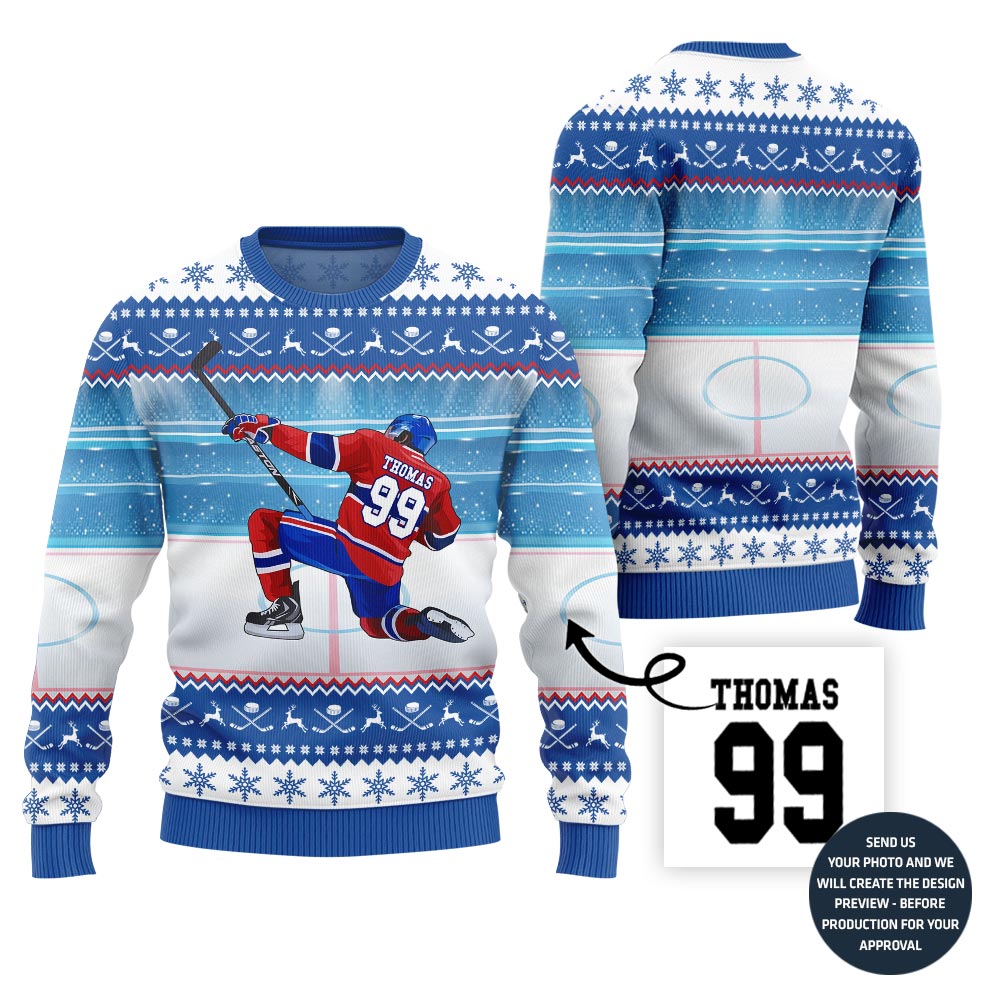 Unique Custom Ugly Christmas Sweater For Hockey Player