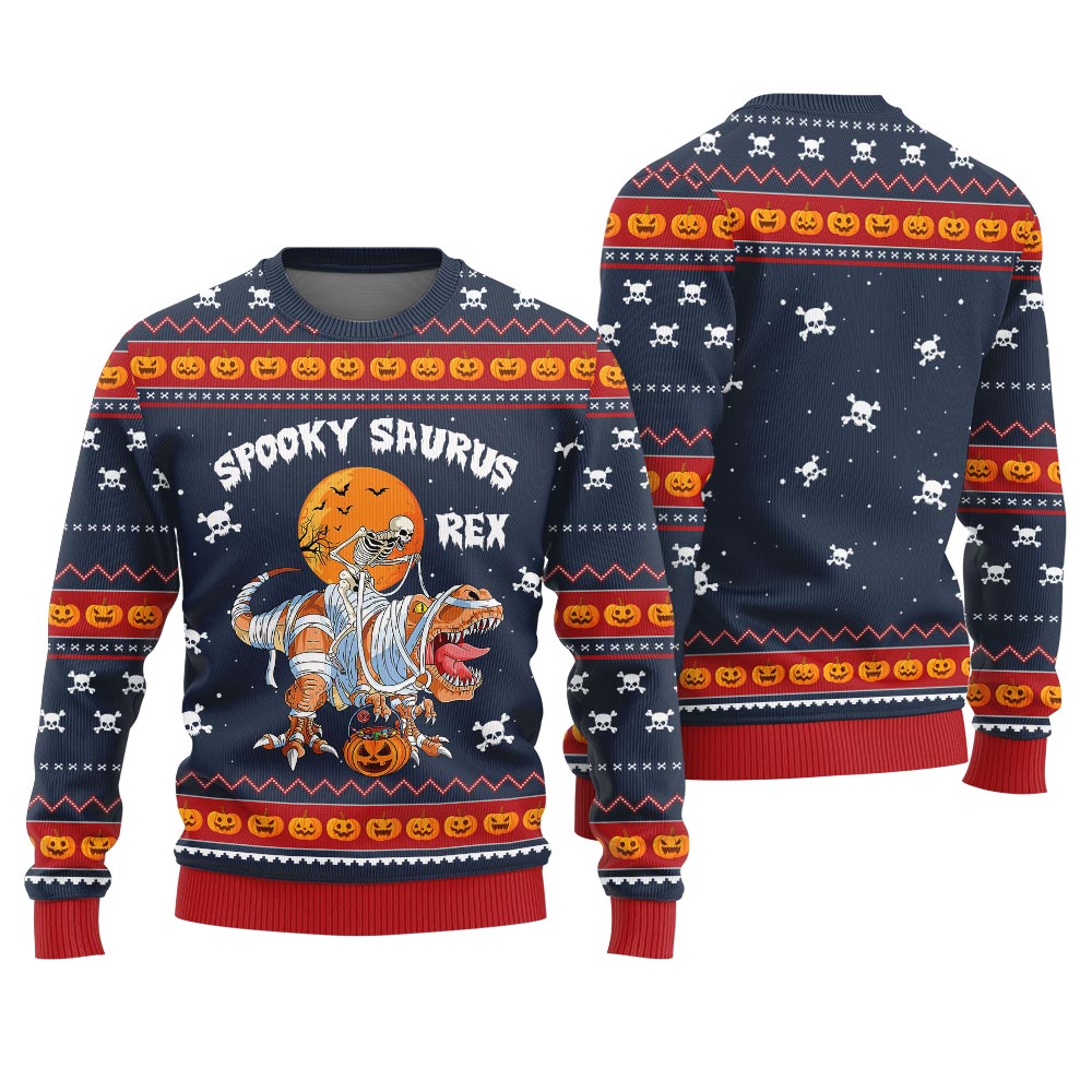 Unique Spooky Saurus Rex Halloween Sweater Navy