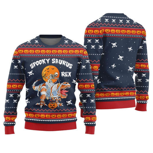 Unique Spooky Saurus Rex Halloween Sweater Navy