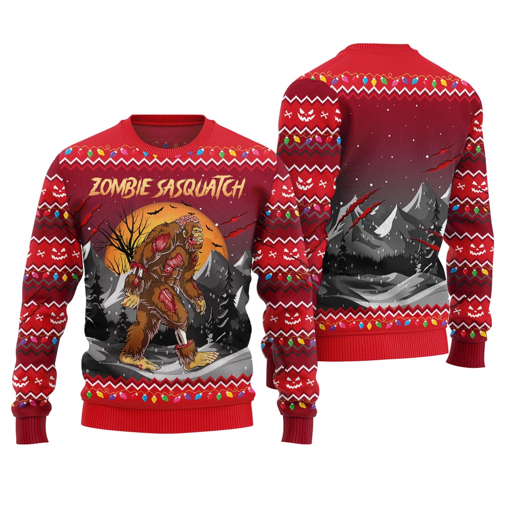 Unique Zombie Sasquatch Halloween Ugly Sweater Red