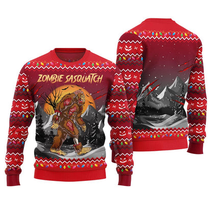 Unique Zombie Sasquatch Halloween Ugly Sweater Red