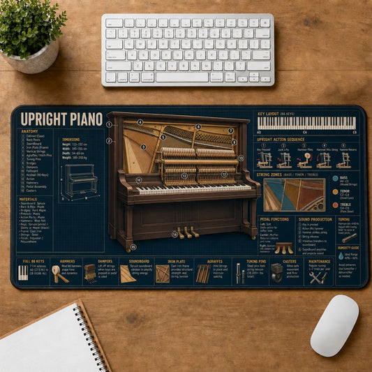 Upright Piano Musical Instrument Blueprint Guide Desk Mat | 5To9Vibe
