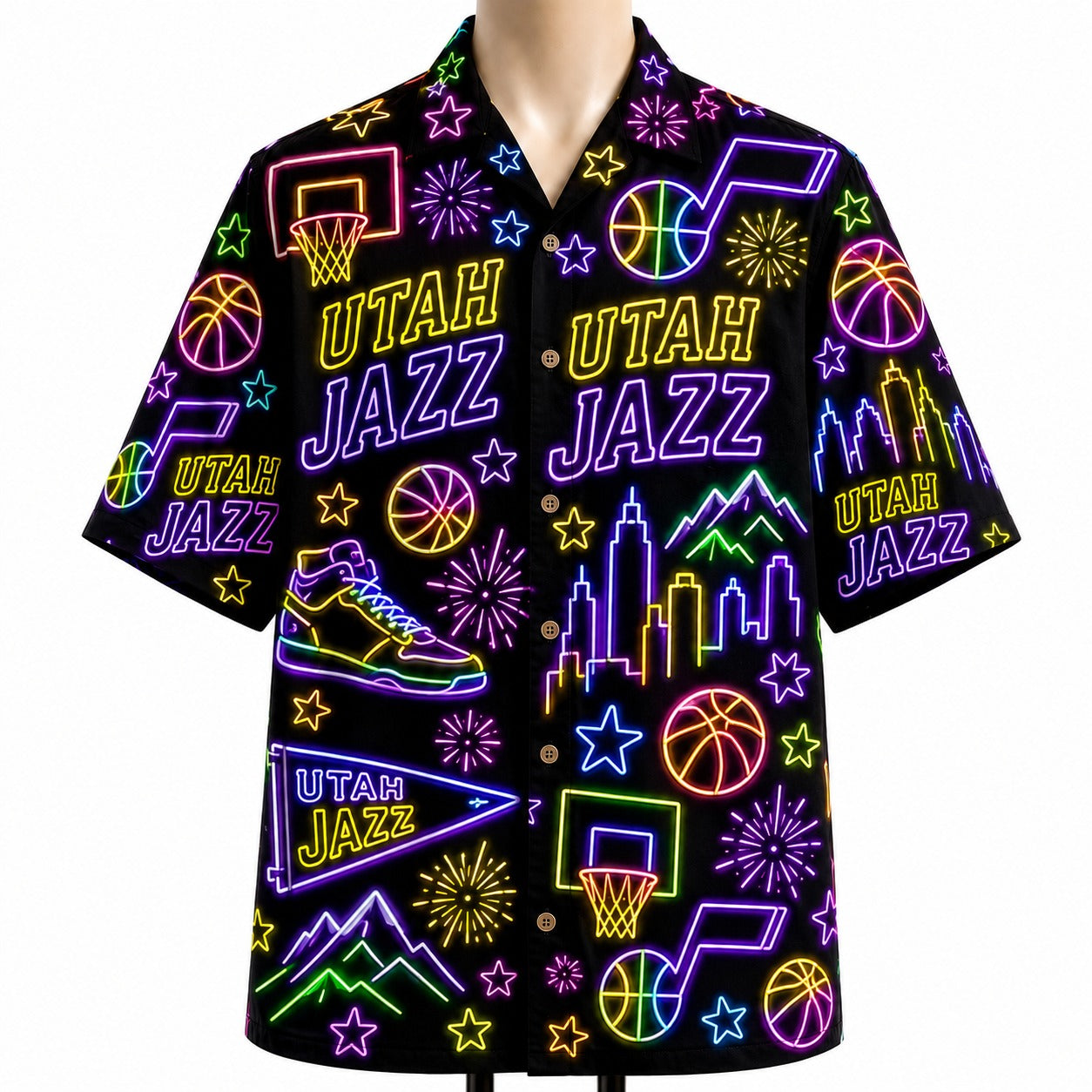 All Basketball Teams Neon Pattern Vibe Summer Party Button-Up Unisex Hawaiian Shirt For Men and Women