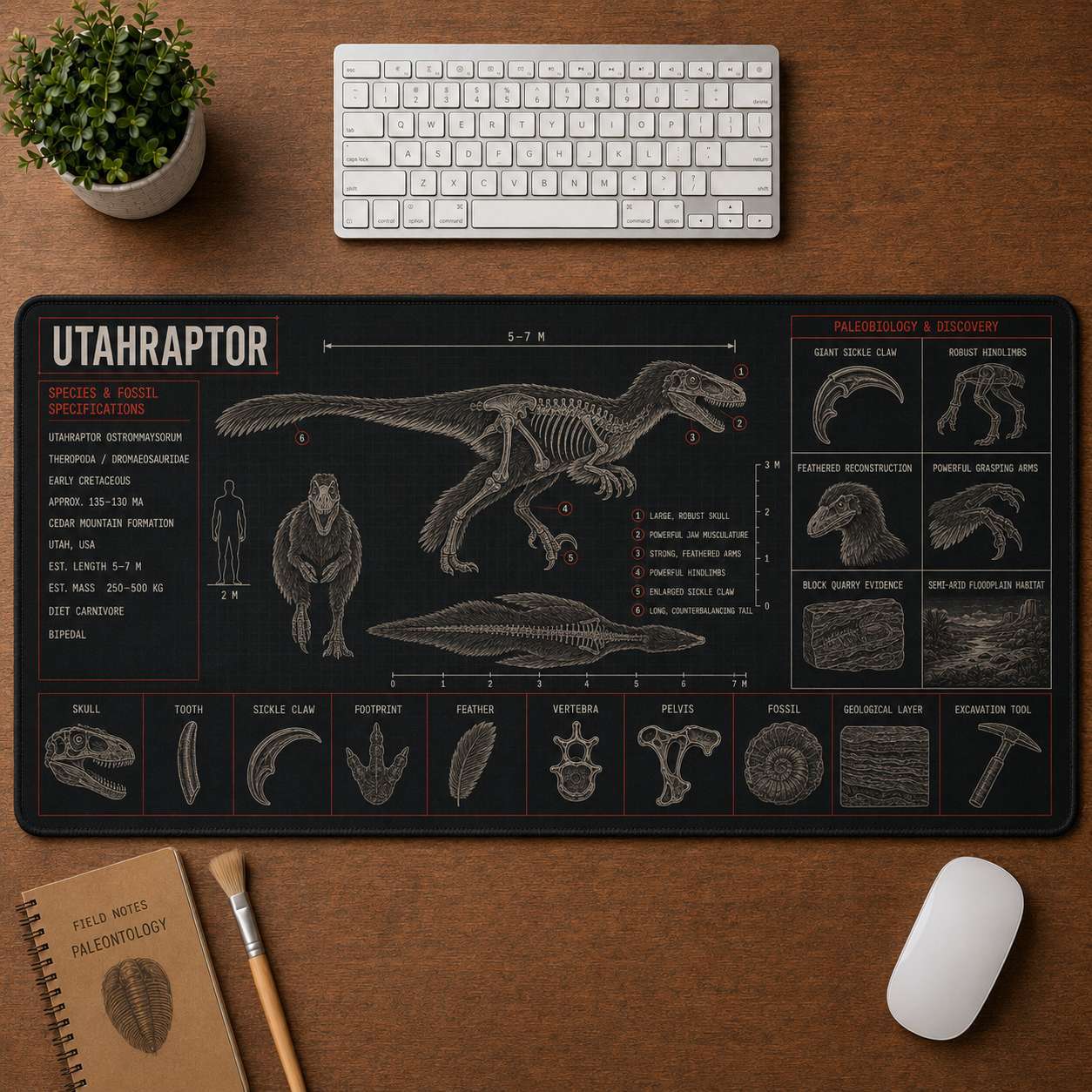 Utahraptor Dinosaur Blueprint Desk Mat | 5To9Vibe