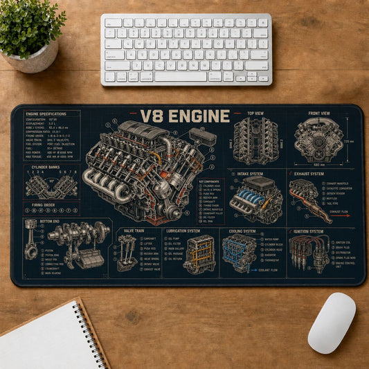V8 Engine Hot Rod Technical Guide Desk Mat | 5To9Vibe